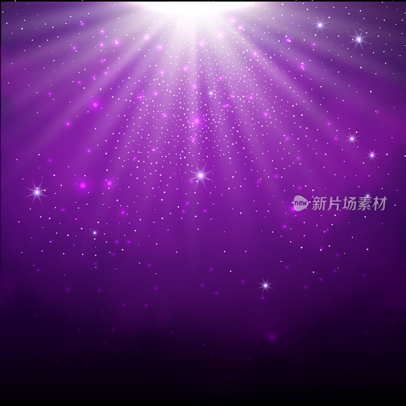 Purple spotlight. Bright lighting with spotlights of the stage with purple dust on dark background